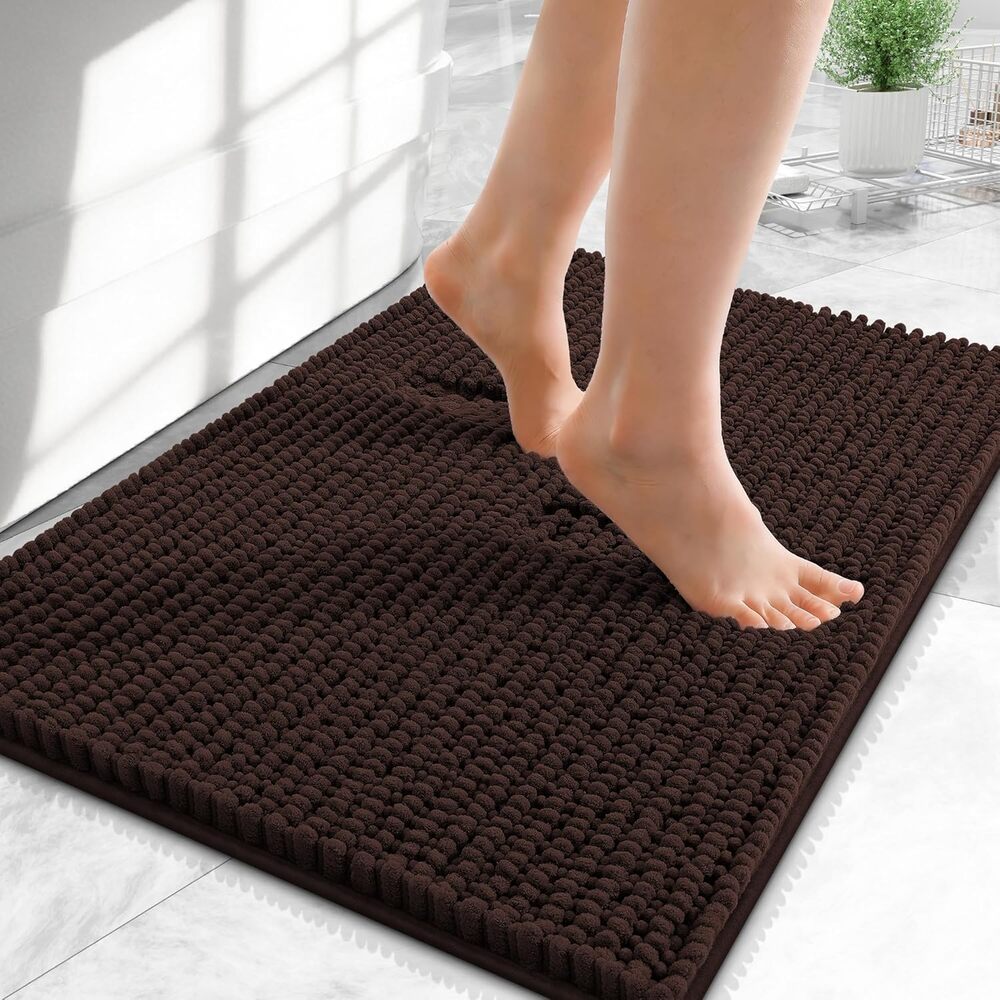 OLANLY Thick Bathroom Rugs 24x16, Chenille Bath Rugs, Rubber Backing, Brown